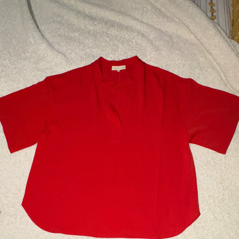 Melloday Women’s Red Woven Pullover Blouse Split Neck Short Sleeve Solid M